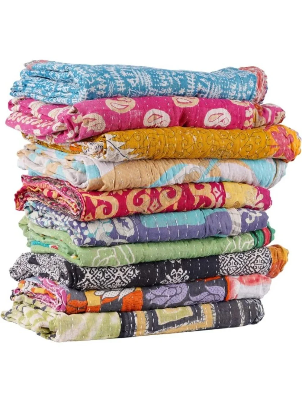 Handmade Vintage Kantha Quilt - Boho Bedding Throw Blanket, Old Saree Bedspread